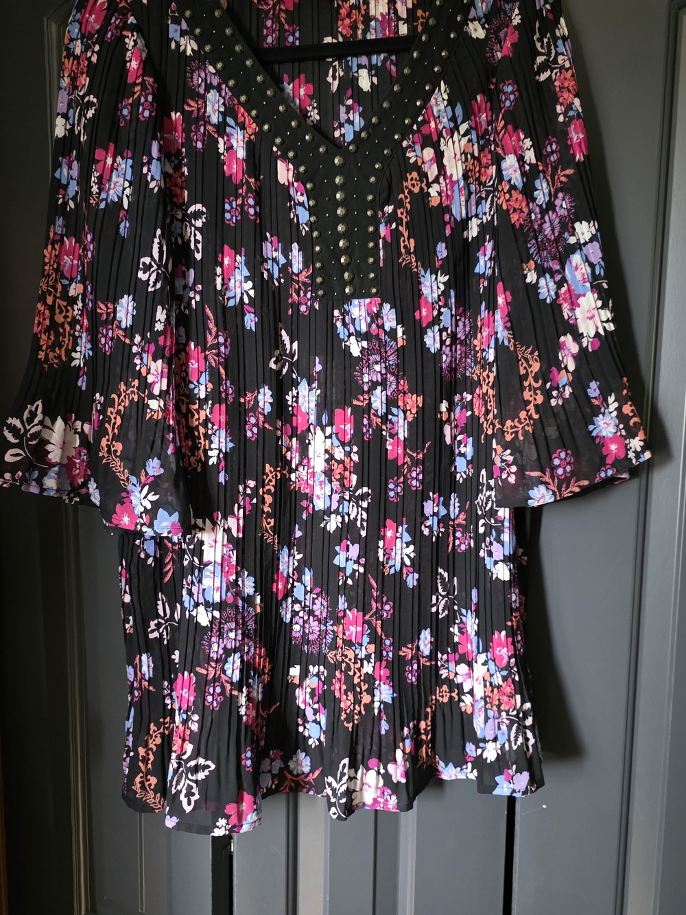 Woman Within Black Floral Stud-Trim Pleated Blouse